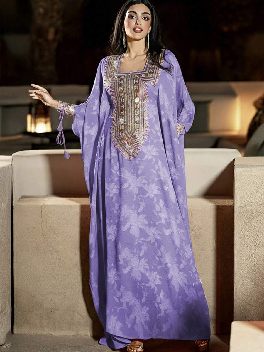 Layrah Áo choàng cánh dơi thêu jacquard vàng sang trọng dành cho tiệc tùng. - Màu tím - Xem 1