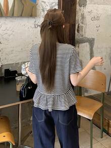 DAZY Women's Loose Fit Ruffle Hem Black & White Striped Long Sleeve T-Shirt, Minimalist Design - Black - View 2