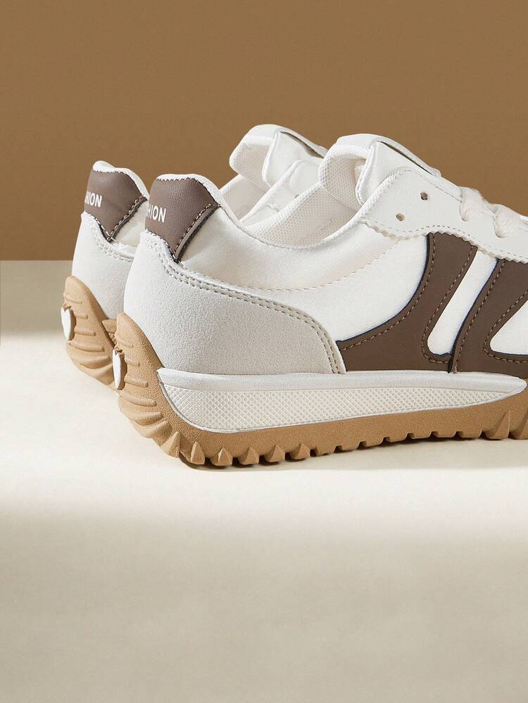 CUCCOO EASI Contrast Color Solid Preppy Casual Gym Sneakers For Women, Lace-Up Brown Patchwork Flat Casual Shoes, Retro Fashion Outdoor Sports Running Shoes
