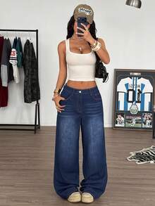 Muchica Women's Low-Rise Wide-Leg Blue Jeans With Letter Print On The Back; A Casual Y2K Summer Outfit. - Dark Wash - View 6