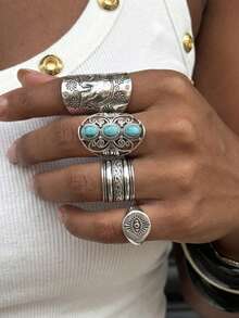 Rovax 4pcs Bohemian Vintage Silver Elephant & Turquoise Inlaid Wide Ring Totem Eye Design Rings For Women - Antique Silver - View 4