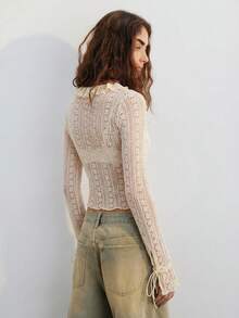 Easelle 复古波西米亚风荷叶边V领薄纱性感透气女式衬衫 - 米色 - 查看 2