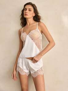 Charlaine 2件套白色蕾丝网纱拼接修身深V浪漫法式优雅精致女士连体睡衣 - 白色 - 查看 5