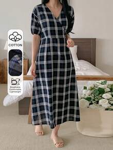 Summer Elegant Plaid Waist Cinching Dress, Japanese Style Loungewear - Navy Blue - View 1