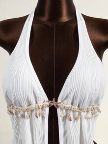 Zestiva Women's 2Pieces White Summer Boho Beach Holiday Bikini Set,Solid Color Textured Fabric Starfish & Shell Decor Halter Backless Swimwear Bathing Suit - White - View 5