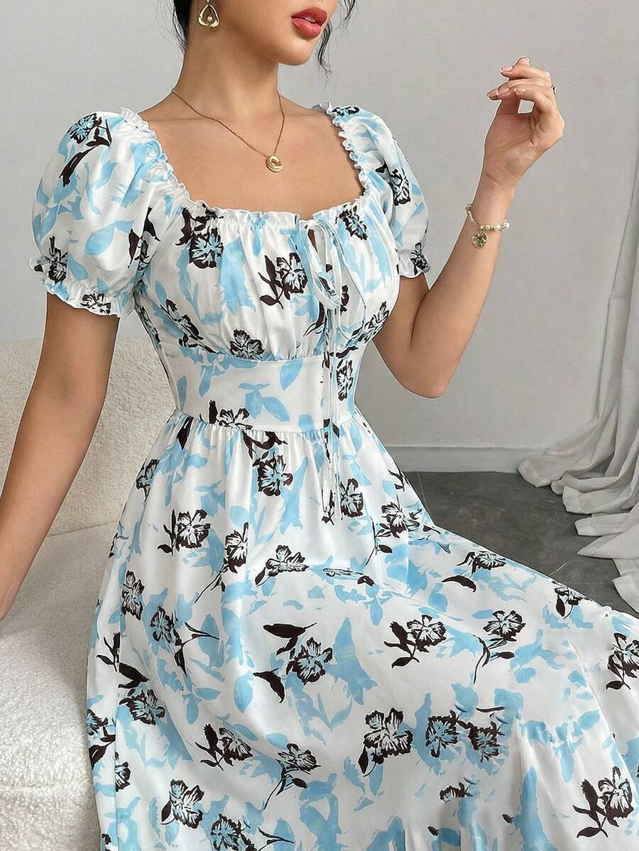 Modelyn Vestido de línea A con cintura ceñida y mangas de pétalos para una vacación romántica para mujeres - Multicolor - Ver 1