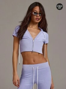 Athîral Women's Summer Casual Zip-Up Hoodie And Flare Pants 2 Pieces Set - Purple - View 1