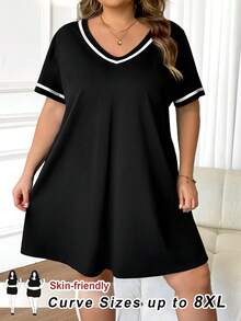 SHEIN CURVE+ 大码女式时尚休闲V领撞色缎带黑色针织连衣裙 - 黑色 - 查看 10