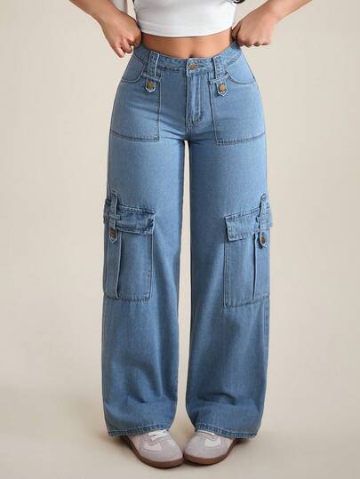 SHEIN Tall 女士休闲百搭翻盖口袋纽扣阔腿牛仔裤