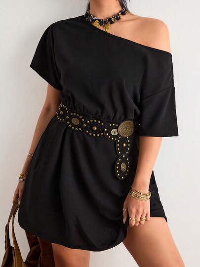 Freevana 波西米亚风黑色露肩连衣裙，宽松短袖腰部褶裥裙摆，优雅小众设计，显瘦休闲/约会连衣裙