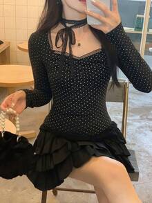 DAZY Áo thun dài tay buộc dây thanh lịch dành cho nữ, thích hợp cho mùa xuân và mùa thu. - màu đen - Xem 3