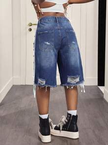 Slaydiva Women's Summer Casual Washed Distressed Denim Shorts With Beaded Decor - Blue - View 2