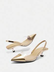 Women's Color Block Pointed Toe Backless Shoes, Minimalistic Style All-Match Shoes For Daily & Outdoor Wear, Suitable For Spring & Summer, Champagne-Colored High Heels, Elegant, Kitten Heels, Party Spring Shoes Summer Shoes - Champagne - View 11