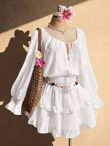 SHEIN ICON Đầm chữ A dáng xòe xếp ly, cổ chữ V, thắt eo, cỡ lớn, phong cách boho, thích hợp mặc đi nghỉ mát, mùa xuân. - Màu be - Xem 3