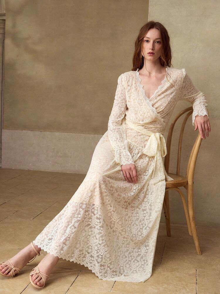 LACE OVERLAY SURPLICE NECK FLARE SLEEVE BELTED LONG DRESS