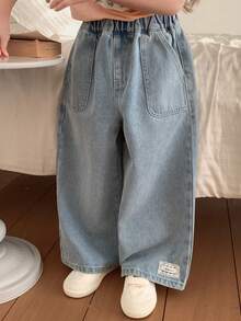 DAZY Quần jeans ống rộng thoải mái có túi, cạp chun co giãn dành cho nữ - Rửa nhẹ - Xem 2