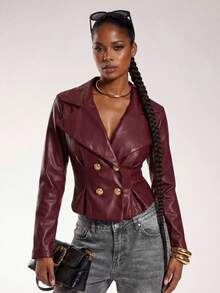 Normani 撞色极简夹克，长袖外套，适合初秋穿着，酒红色大衣，女士夹克，外出，新年女装，圣诞节女装，女士冬季夹克，女士冬季，秋季女装，安科拉复古风格夹克，酒红色PU夹克，适合通勤和休闲优雅场合，金属纽扣腰部PU夹克 - 酒紅色 - 查看 4