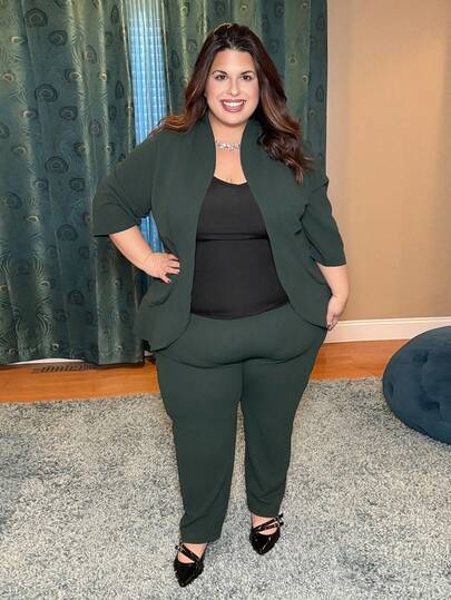 Enliva Plus Size Women Solid Color 3/4 Sleeve Blazer And Pants 2 Pieces Office Suit, Business Casual Woman New Years Women Outfit Winter Dresses Winter Clothes Women Rave Outfits Thanksgiving Outfit Women, For Office Wear, For Apple & Rounded Body Shape