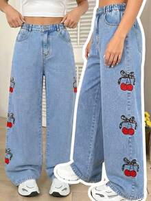 Genkimix Kids Teen Girls Blue Summer Cute Jeans,High-Waisted Wide Leg Baggy Denim Pants With Cherry Embroidery,Y2K Casual Holiday Back-To-School Retro Street Style - Light Wash - View 9