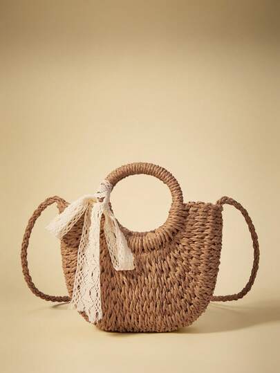 Travachic Lightweight, Portable Small Straw Bag Skinny Scarf Decor Drawstring Double Handle For For Teen Girls Women College Students Perfect For School, Outdoors, Travel, Outings, Handbag, Shoulder Bag Elementary School, Middle School, High School, Work, Business, Commute, Shopping, Holiday, Wicker Bag, Bow Purse For Women, Vacation Bag For Summer, Vacation Essentials, Perfectly Matching With Beach Accessories Women, Fashion Summer Vacation Bag, Beach Essentials Women Bags For Vacation & Holiday, Perfect For Summer, Vacation & Beach ,Vacation Essentials , Beach Bag