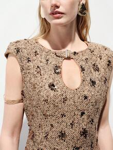 Aveloria Modichic 女士无袖粗花呢亮片刺绣镂空开衩中长连衣裙 - 咖啡棕 - 查看 2