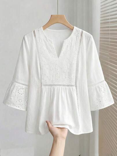 EMERY ROSE Blusa de mujer de manga acampanada con bordado calado y parches de unicolor para vacaciones