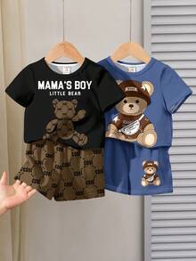 SHEIN Conjunto de 4 camisetas casuais para bebê menino, ideal para primavera e verão, com estampa clássica de urso de desenho animado e floral retrô. - Multicolorido - Ver 1