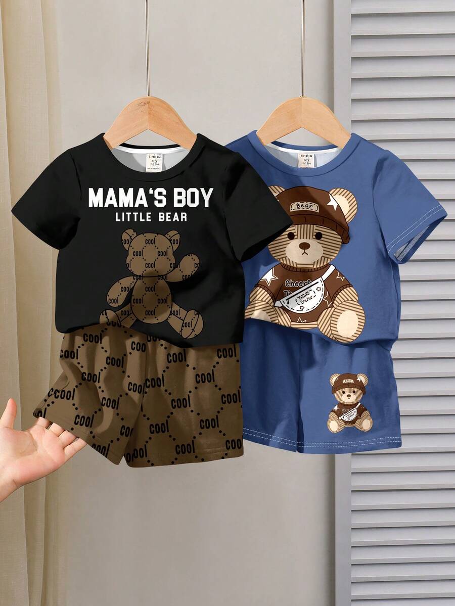 SHEIN Conjunto de 4 camisetas casuais para bebê menino, ideal para primavera e verão, com estampa clássica de urso de desenho animado e floral retrô. - Multicolorido - Ver 1