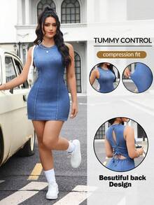Flexra Women's Backless Drawstring Design Sleeveless Fitted Denim Dress - Blue - View 3