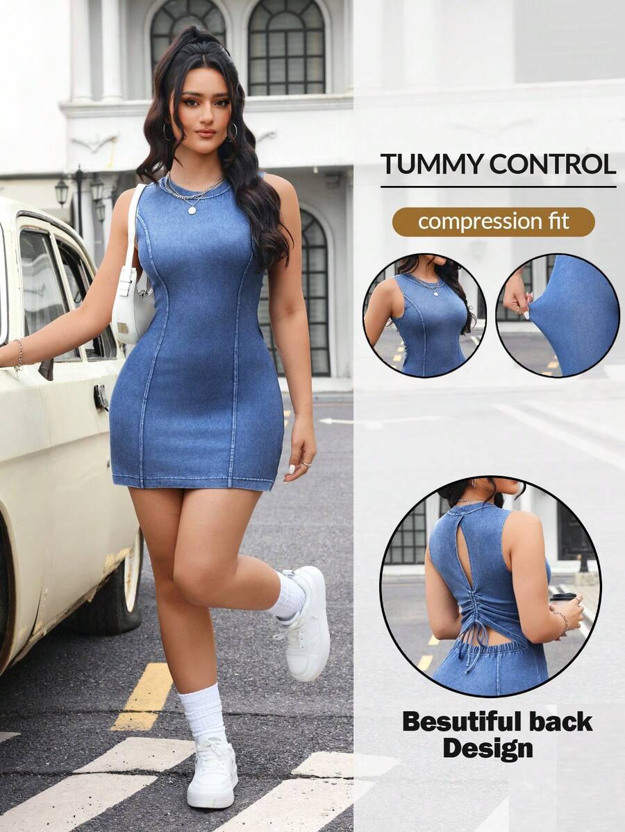 Flexra 女士露背抽绳设计无袖修身牛仔连衣裙 - 藍色 - 查看 1