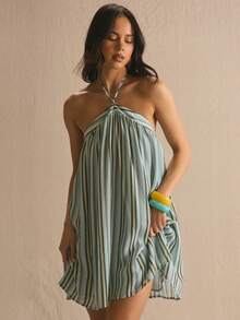 MUSERA Vestido mini de verano con cuello halter y estampado de rayas, fluido y cómodo, lindo y apropiado para uso diario, vacaciones, días soleados y eventos sociales como Pascua - Multicolor - Ver 1