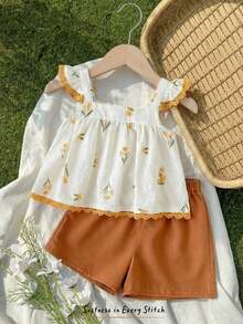 Cozy Pixies 2pcs Baby Girl Floral Print Ruffle Trim Sleeveless Top And Elastic Waist Pants Set,White Summer Cute Vacation Sunflower Outfit Vintage Style Clothes - Multicolor - View 2