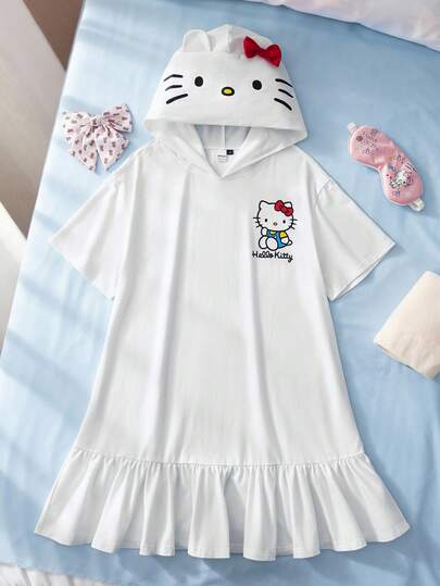 HELLO KITTY AND FRIENDS | SHEIN Damen Cartoon Muster Rüschen Saum Kapuzen Nachthemd