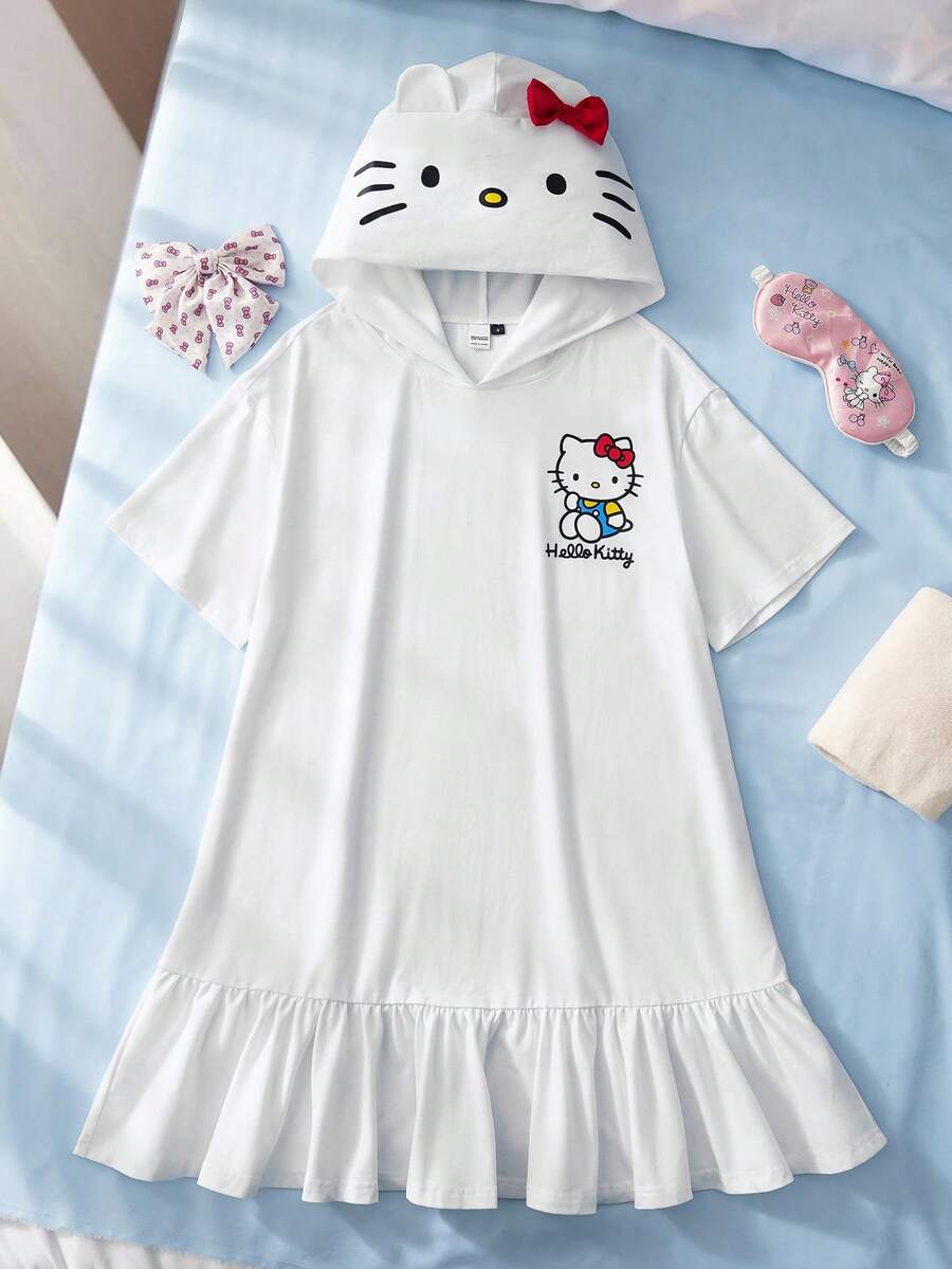 HELLO KITTY AND FRIENDS | SHEIN Women's Cartoon Print Ruffle Hem Hooded Nightgown - White - View 1