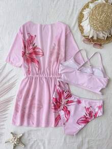 SHEIN 少女碎花三件套泳衣，夏季夏威夷海滩度假 - 粉色 - 查看 2