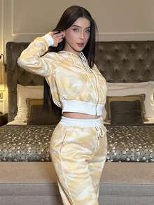 hhfernanda 2 件套女式运动衫和裤子套装，黄色渐变印花长袖上衣和裤子 - 彩色 - 查看 4