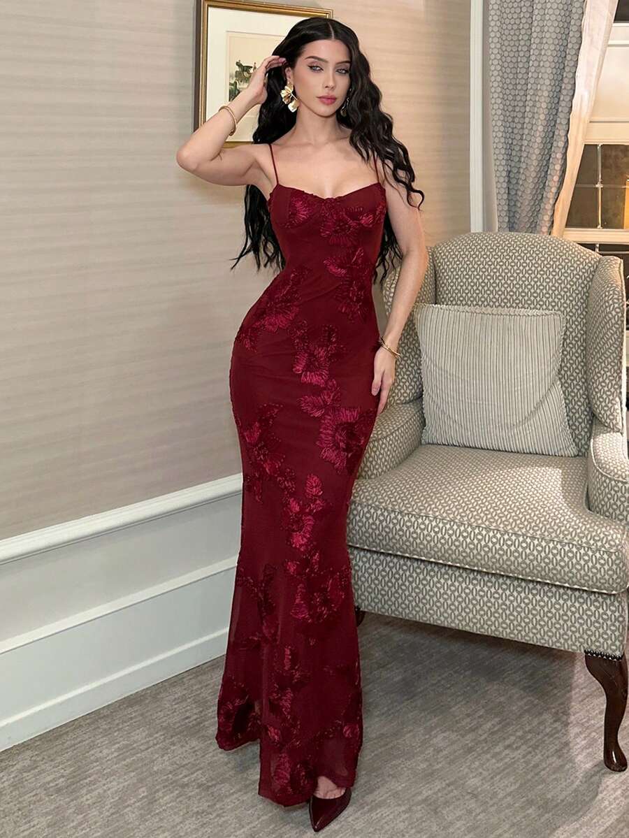 hhfernanda 3D立体花卉性感紧身吊带裙,红色连衣裙,圣诞节,新年连衣裙,女士优雅派对连衣裙 - 酒紅色 - 查看 1