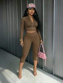 Slaydiva Neuer Frühlingsanfang, Frühlings- und Sommerfestival, Valentinstag, Ostern Lässig, einfacher und Basic Stil, Y2K Street Sweet, tägliches Date, Hot Girl Stil, sexy, sportlich und stilvoll, kleiner Stehkragen, halbe Öffnung Revers, Reißverschluss Stil, langärmliges Top + enge Hose, 3/4 Hose, Hasselblad Faden Dekoration, graubraunes Set für Frauen, Zweiteiler - Kaffeebraun - Übersicht 3