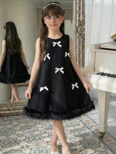 SHEIN Tween Girl Casual Elegant Black Bow Decor Fuzzy Hem A-Line Sleeveless Dress
