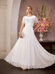 MOTF PREMIUM ELEGANT WHITE SHORT SLEEVE ROUND NECK MAXI PARTY GOWN FOR WOMEN, WITH RHINESTONE EMBELLISHMENTS ON CHEST & SHOULDERS, CHIFFON FABRIC DRESS FOR NEW YEAR, VALENTINE'S DAY, FORMAL PARTIES, GALAS & CELEBRATIONS - White - View 3