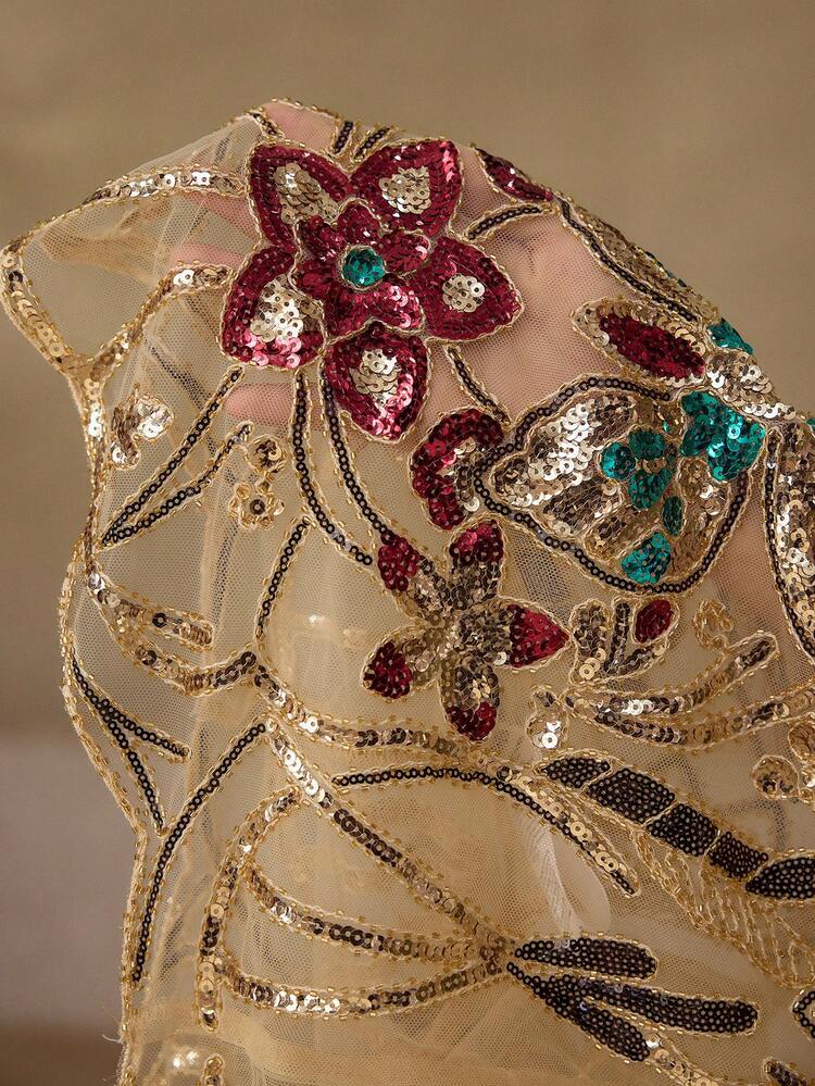 WOMEN'S BUTTERFLY SEQUIN EMBROIDERED SHEER MESH TOP