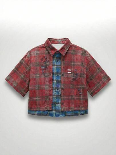 NEON BLANC Men's Contrast Plaid Short Sleeve Single-Breasted Casual Shirt