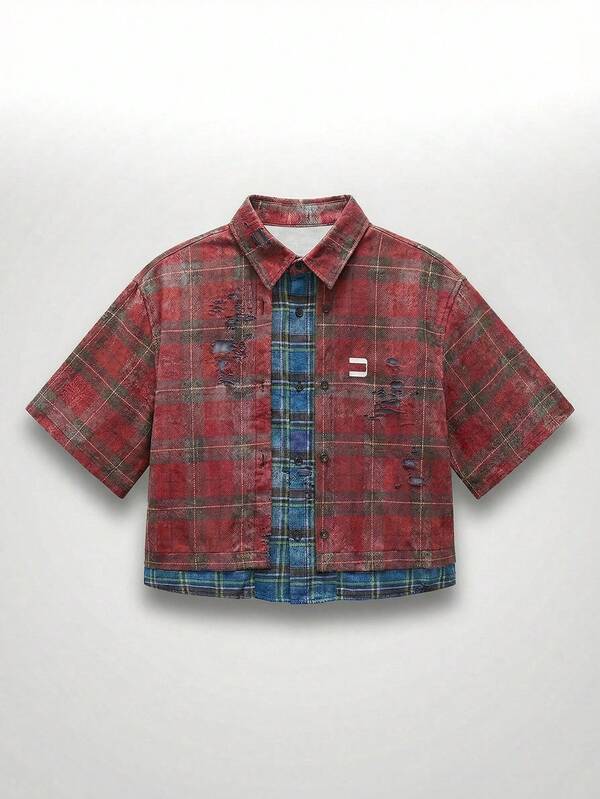 NEON BLANC Men's Contrast Plaid Short Sleeve Single-Breasted Casual Shirt