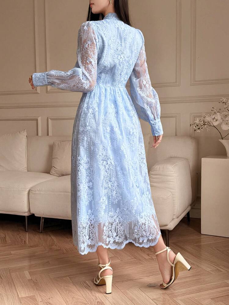 Women's Elegant Lace Petal Sleeve Belted Mid-Length Dress, Spring/Summer Sundress