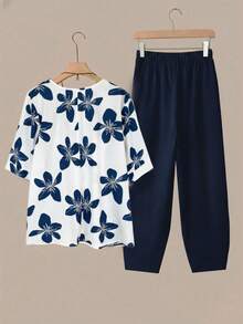 SHEIN LUNE CURVE Conjunto de 2 piezas de mujer talla grande de verano, casual y diario, con parte superior de manga corta con cuello redondo estampada y pantalones de cintura elástica - Multicolor - Ver 2