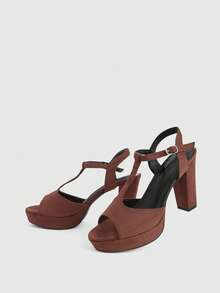 CUCCOO LuxiPop Sandales à talons hauts pour femmes avec bride en T, bout rond, orteils découverts, en velours épais, talon haut et semelle épaisse, bride à la cheville, style sexy pour boîte de nuit et scène - brun foncé - Voir 6