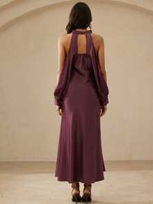 BELROSIE Elegant Party Satin Halter Backless Mini Dress - Purple - View 2