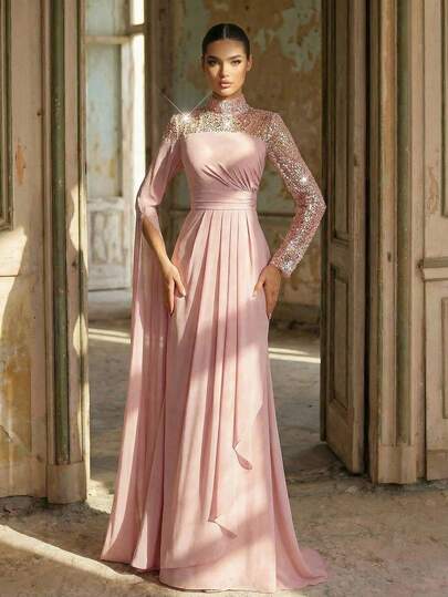 Aureia Elegant, Glamorous, And Stylish Pink Sequined Embroidered Chiffon Dress With A Stand-Up Collar, Flared Sleeves, And A Fishtail Train. Suitable For All Formal Occasions, Wedding Guests, And Evening Gowns.