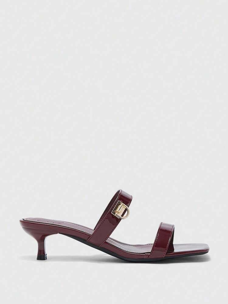 CUCCOO BIZCHIC Women Shoes Spring And Summer New Burgundy Strip Open-Toe Metal Buckle Women's Middle Heel Sandals Slippers Simple, Stylish And Comfortable Daily Versatile Commuter Women's Sandals Women's Shoes Summer Shoes