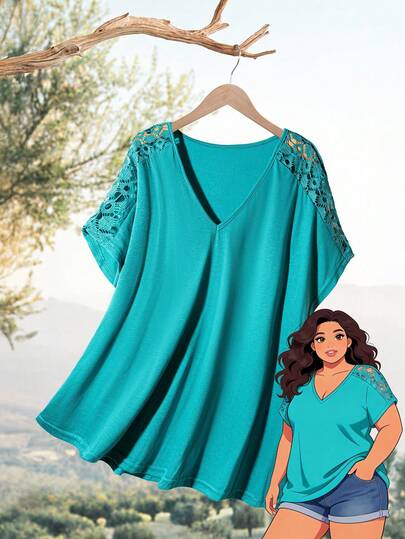 Rusticease Camiseta de manga corta de murciélago con encaje en V para mujeres de talla grande con remiendos de unicolor para uso casual en verano